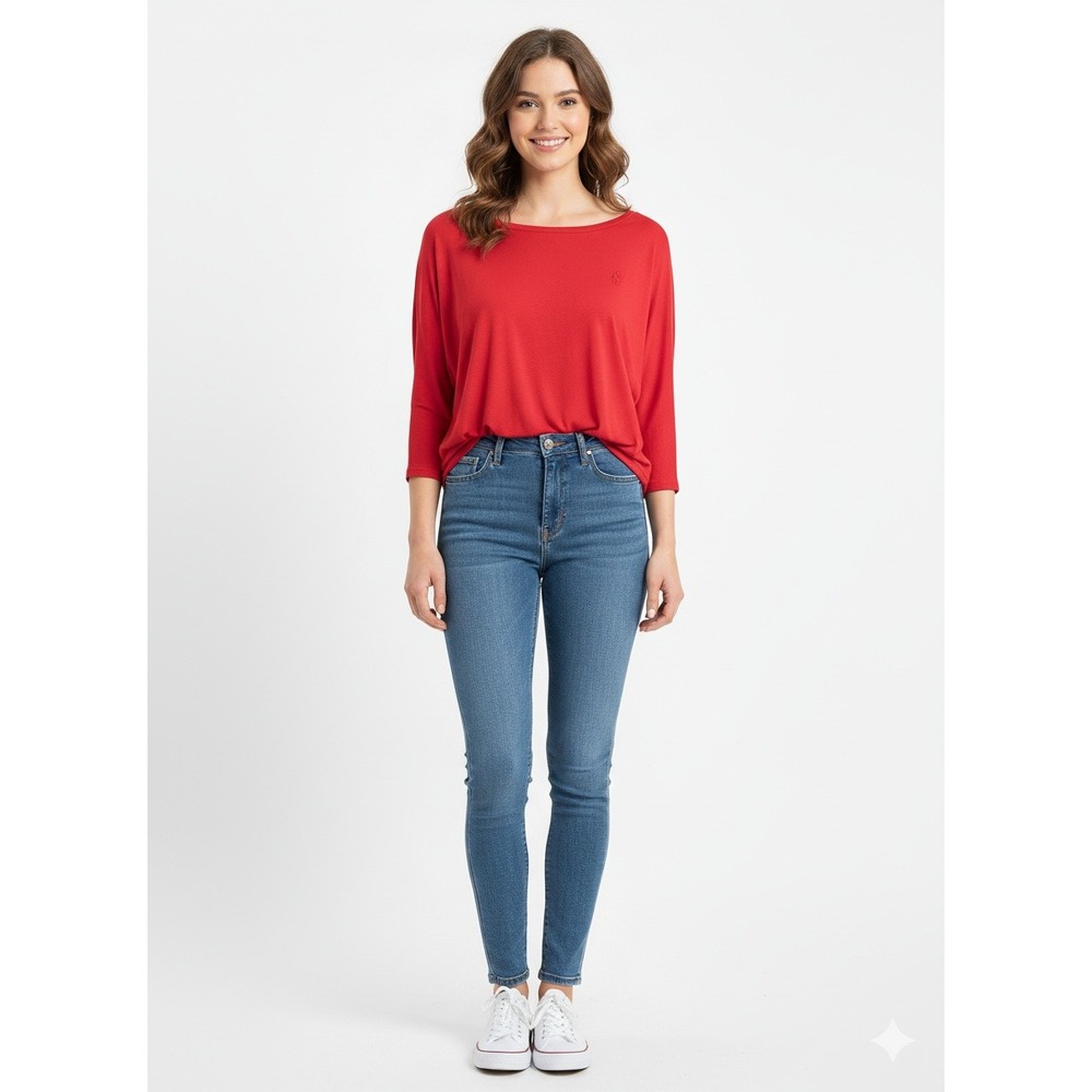 Ralph Lauren Sport M Red Lyocell Blend 3/4 Sleeve Tunic Top Womens Medium Blouse